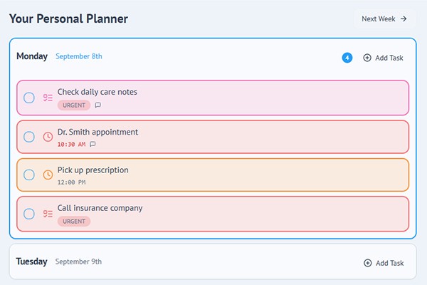 Personal 7-day planner view
